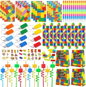 Bluegogo 96 Pcs Building Block Birthday Party Favors for Kids Include Mini Notebook Pens Straws Keychains Erasers Wristbands Stickers Bags for Building Blocks Birthday Party Supplies