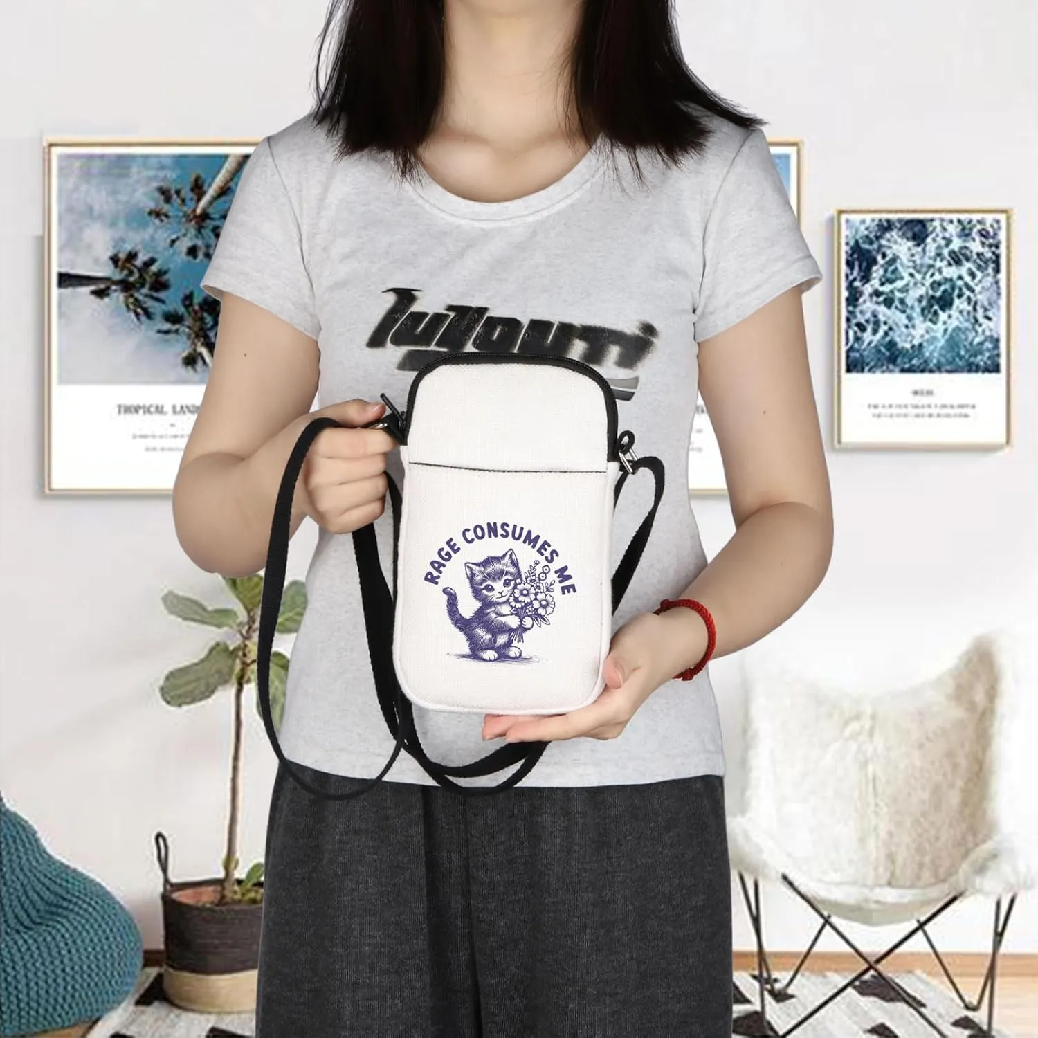 BLUPARK Rage Consumes Me Crossbody Bag Weirdcore Gift Funny Hilarious Kitten Meme Shoulder Bag Funny Mental Health Meme Gift