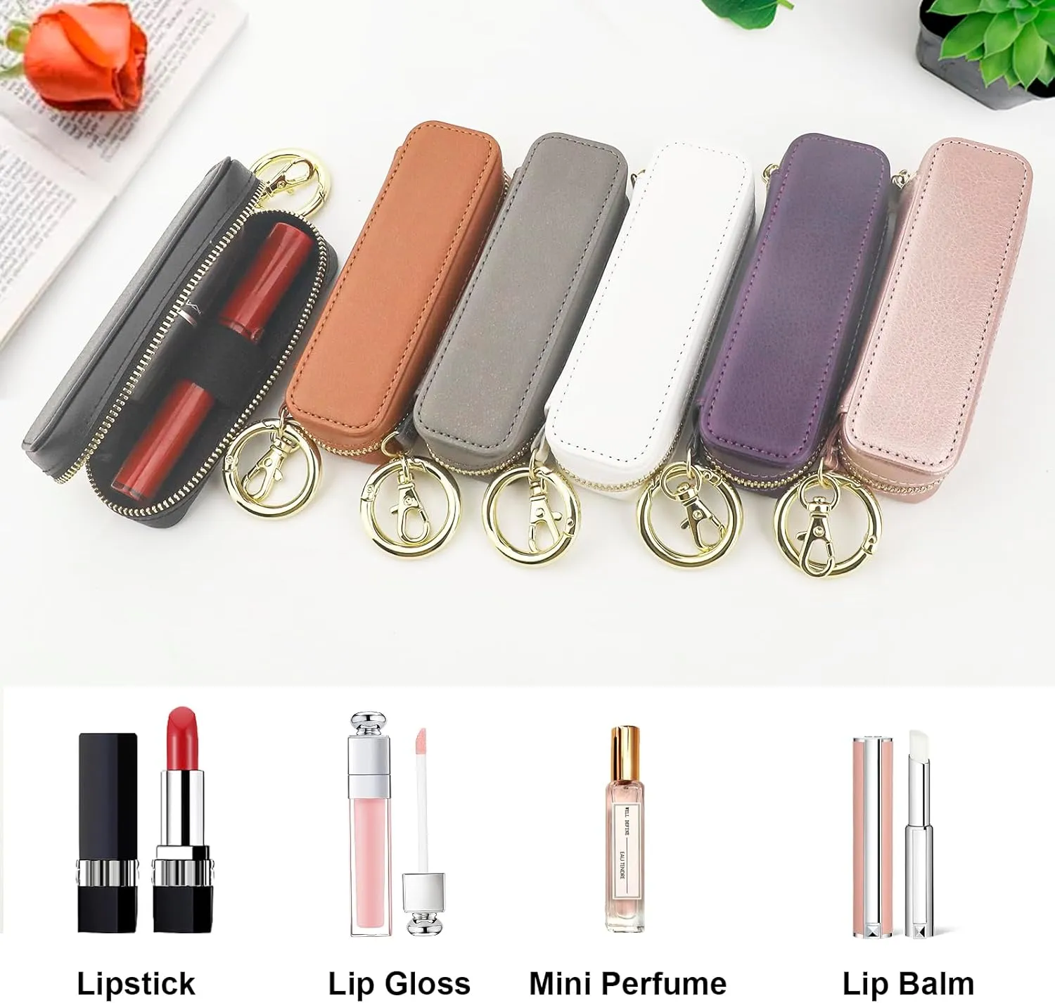 Bocasal Leather Lipstick Case Holder Chapstick Keychain Pouch, Zipper Lip Balm Lip Gloss Bag for Purse with Key Chain Elastic Band, Makeup Travel Organizer, Cosmetic Storage Kit for Women Girl (White)