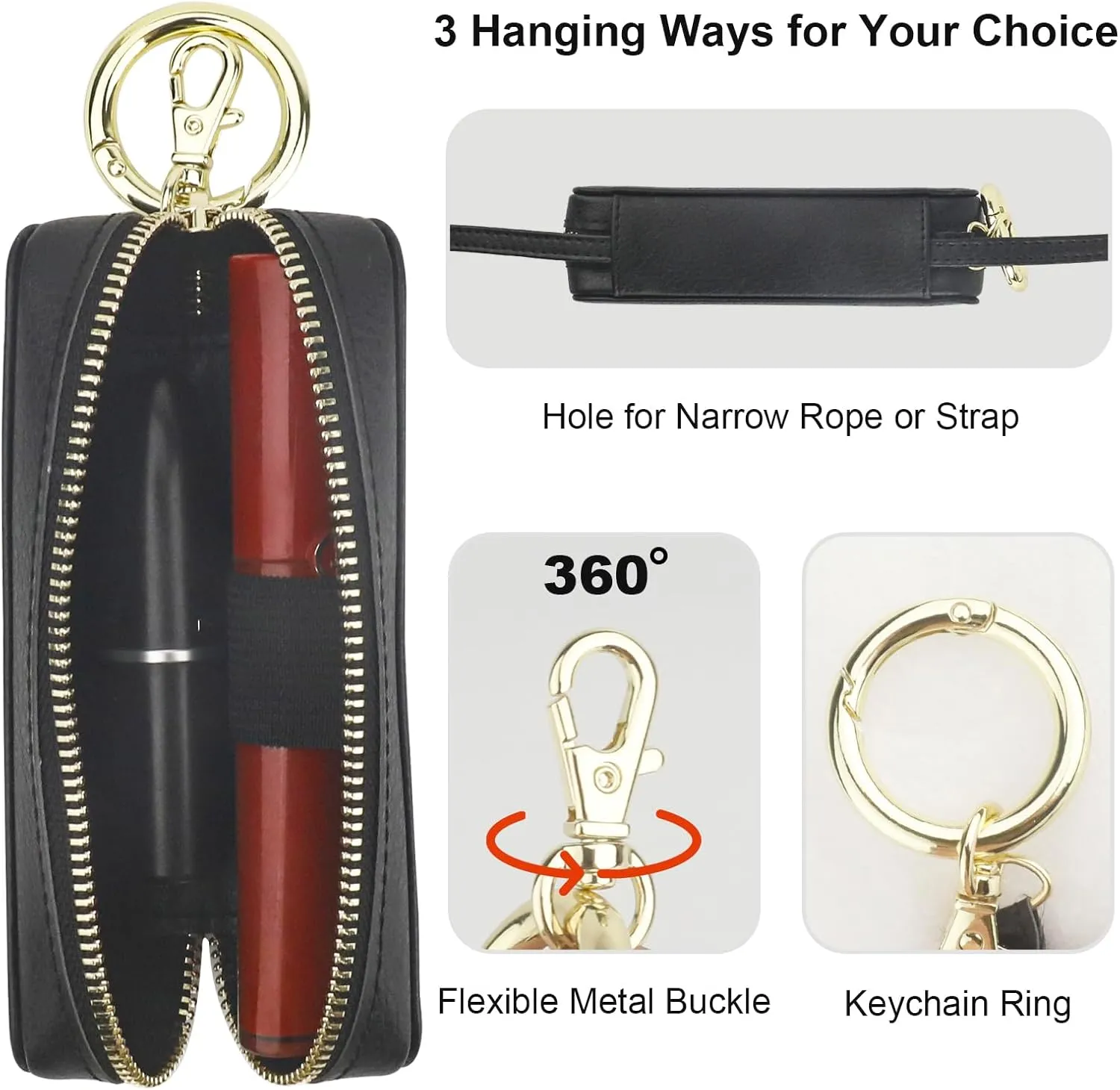 Bocasal Leather Lipstick Case Holder Chapstick Keychain Pouch, Zipper Lip Balm Lip Gloss Bag for Purse with Key Chain Elastic Band, Makeup Travel Organizer Cosmetic Storage Kit for Women Girls (Black)