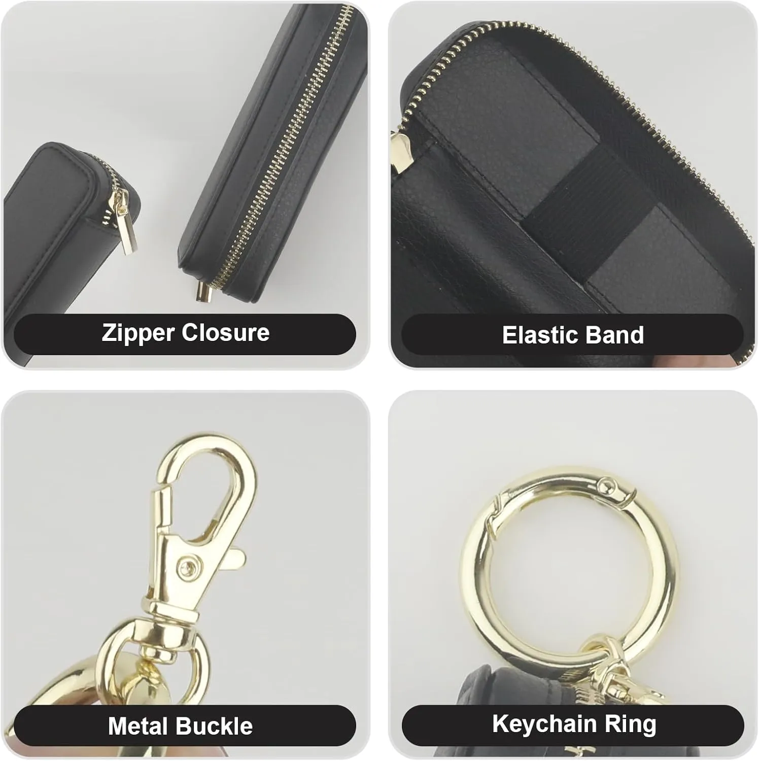 Bocasal Leather Lipstick Case Holder Chapstick Keychain Pouch, Zipper Lip Balm Lip Gloss Bag for Purse with Key Chain Elastic Band, Makeup Travel Organizer Cosmetic Storage Kit for Women Girls (Black)