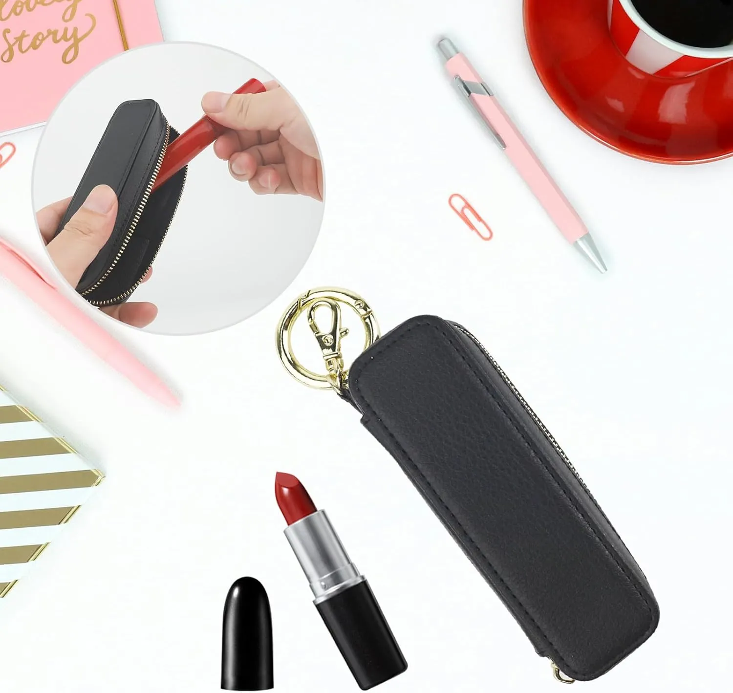 Bocasal Leather Lipstick Case Holder Chapstick Keychain Pouch, Zipper Lip Balm Lip Gloss Bag for Purse with Key Chain Elastic Band, Makeup Travel Organizer Cosmetic Storage Kit for Women Girls (Black)