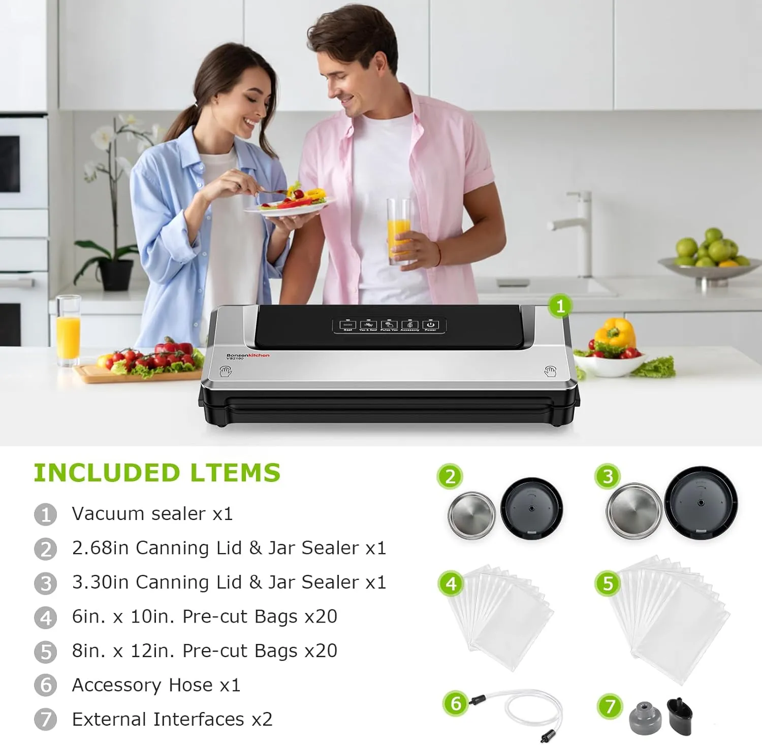 Bonsenkitchen Vacuum Sealer Machine   Mason Jar Sealer Kit, Fast-Compact/Multi-Functional Food Vacuum Sealer with External Vacuum System & 40 Vacuum Bags, Silver