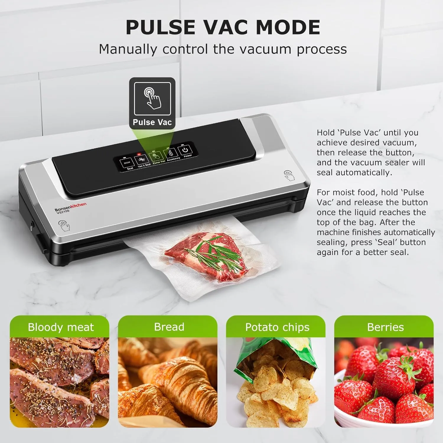 Bonsenkitchen Vacuum Sealer Machine   Mason Jar Sealer Kit, Fast-Compact/Multi-Functional Food Vacuum Sealer with External Vacuum System & 40 Vacuum Bags, Silver