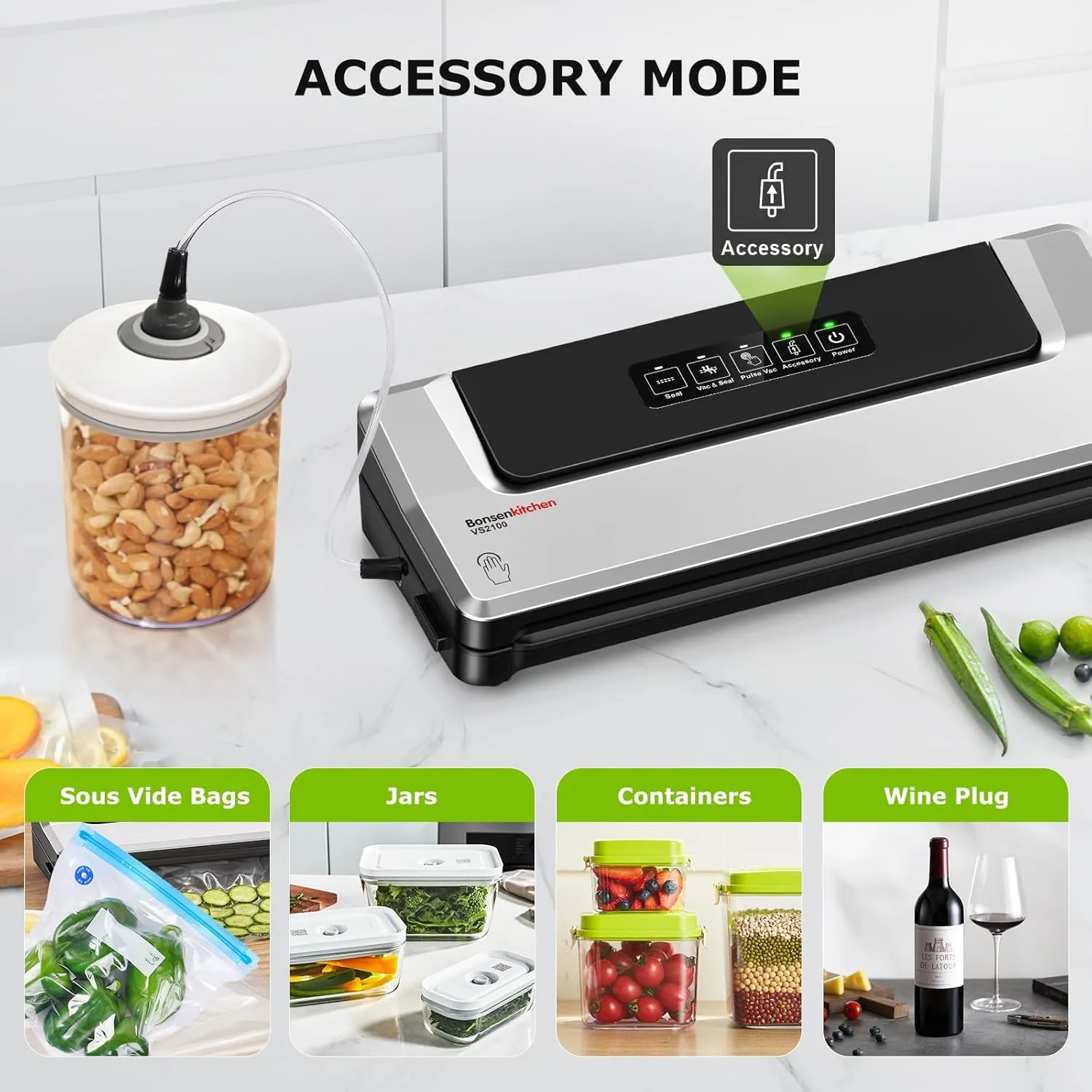 Bonsenkitchen Vacuum Sealer Machine   Mason Jar Sealer Kit, Fast-Compact/Multi-Functional Food Vacuum Sealer with External Vacuum System & 40 Vacuum Bags, Silver