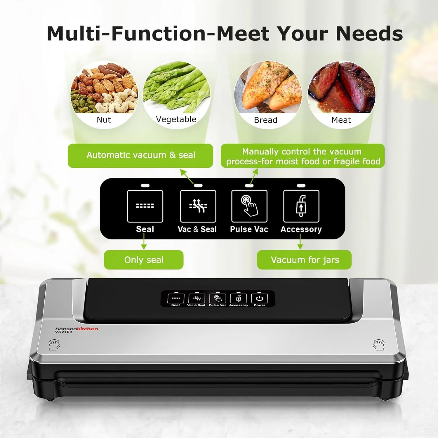 Bonsenkitchen Vacuum Sealer Machine   Mason Jar Sealer Kit, Fast-Compact/Multi-Functional Food Vacuum Sealer with External Vacuum System & 40 Vacuum Bags, Silver