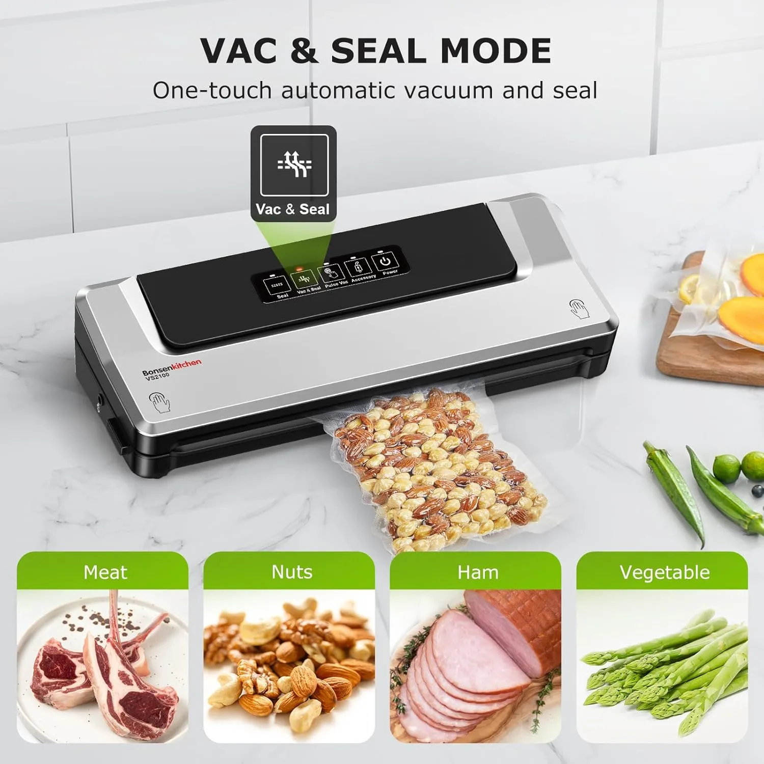 Bonsenkitchen Vacuum Sealer Machine   Mason Jar Sealer Kit, Fast-Compact/Multi-Functional Food Vacuum Sealer with External Vacuum System & 40 Vacuum Bags, Silver
