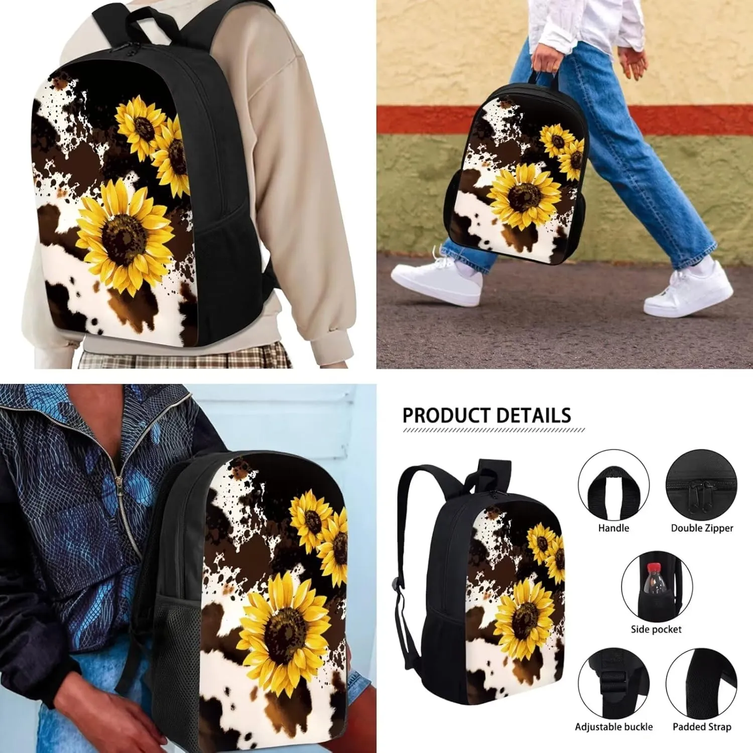 Brown Cow Sunflower Schoolbag Shoulders Package Pencil Case Pen Bags 3 Pieces Lunch Bag for Kids Easy Style Multipurpose for Child