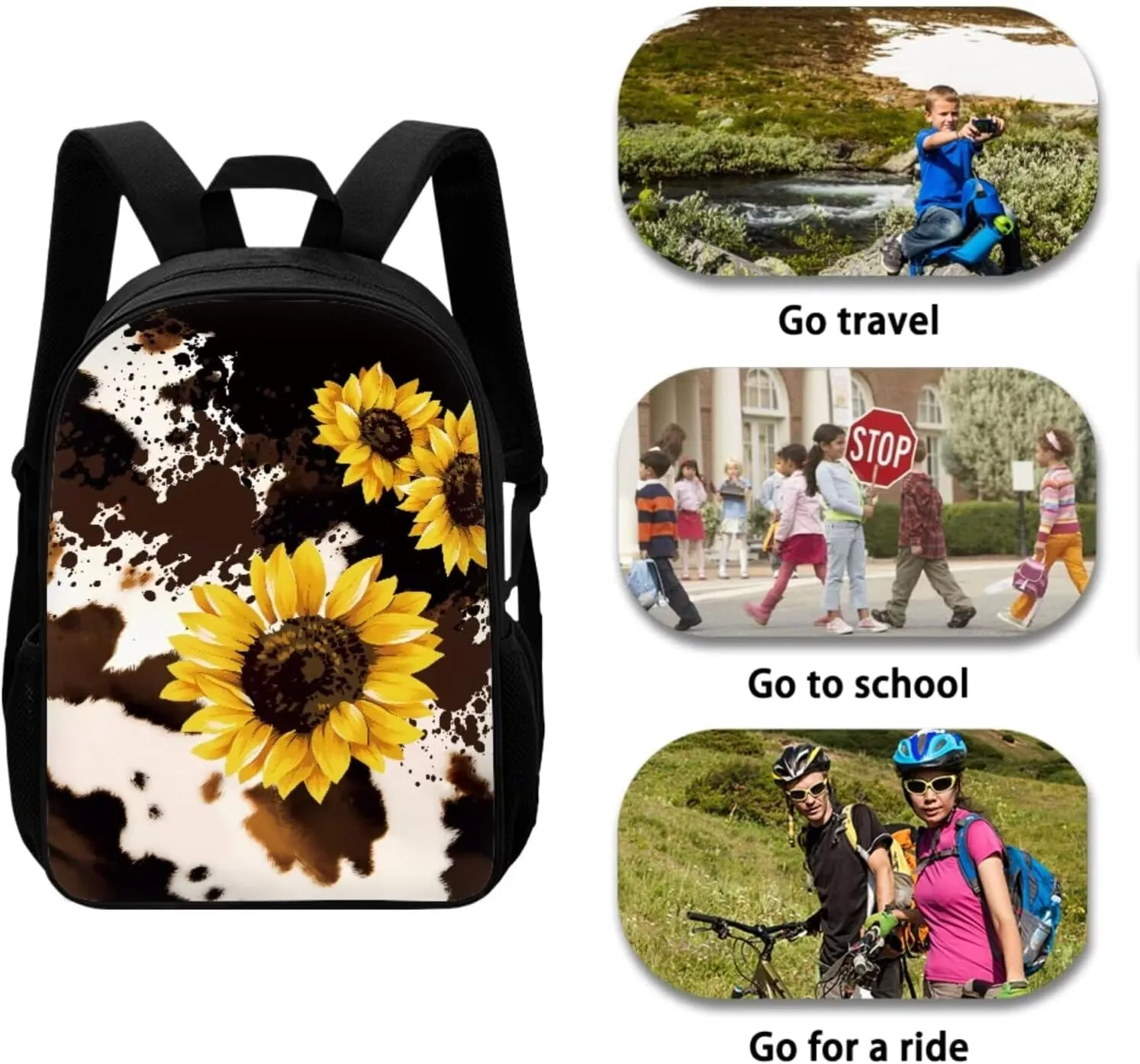 Brown Cow Sunflower Schoolbag Shoulders Package Pencil Case Pen Bags 3 Pieces Lunch Bag for Kids Easy Style Multipurpose for Child