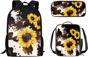 Brown Cow Sunflower Schoolbag Shoulders Package Pencil Case Pen Bags 3 Pieces Lunch Bag for Kids Easy Style Multipurpose for Child