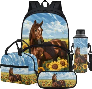 Brown Horse Sunflower Backpack 4 In 1 Kids Horse Schoolbag and Lunch Bag Pencil Bag Crossbody Water Holder Sleeve Elementary School Bookbag Horse Laptop Bag 17 Inch