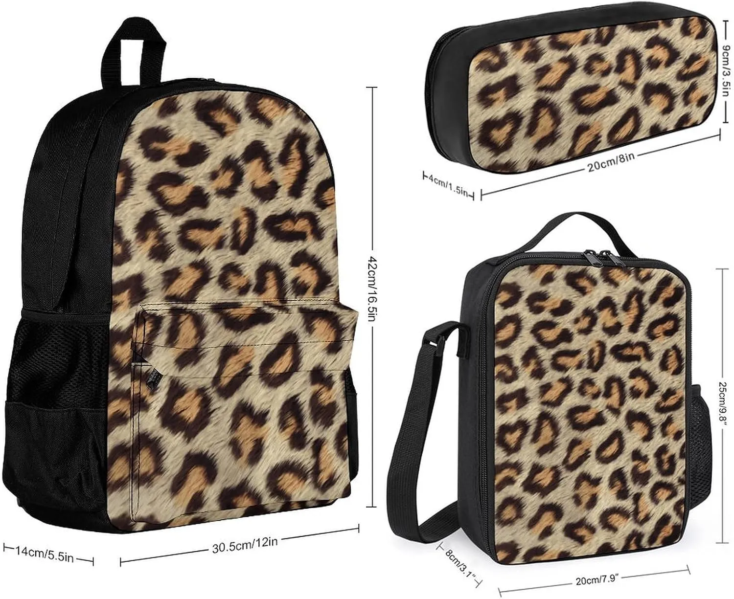 Brown Spots Leopard Faux Fur Lightweight Pocket Backpack Crossbody Lunch Bag Set Unisex
