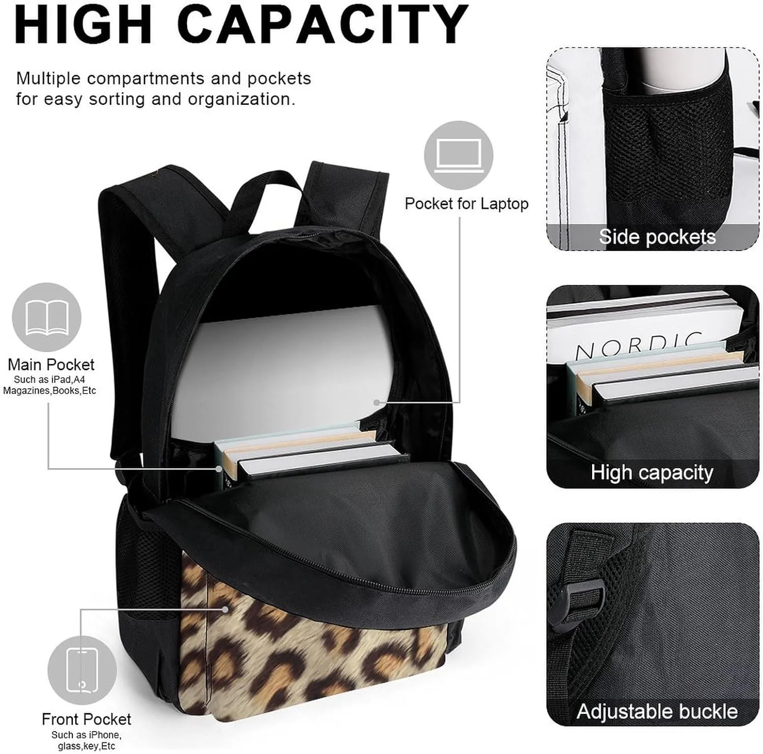Brown Spots Leopard Faux Fur Lightweight Pocket Backpack Crossbody Lunch Bag Set Unisex