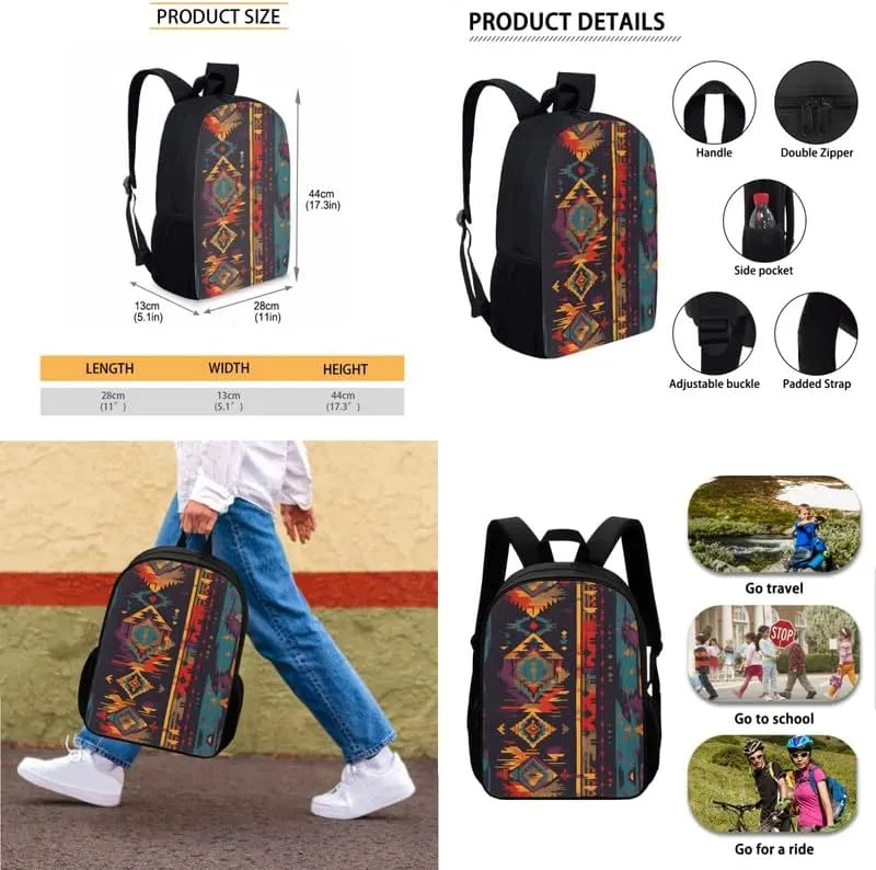 Brown Tribal Aztec School Bag Backpack for Students Southwest Zigzag Arrow with Insulated Lunch Bag Pen Case School Bookbag Natives Ethnic Geometric for Teen Boys Girls