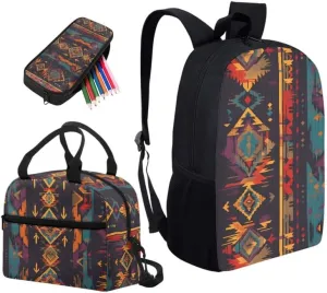 Brown Tribal Aztec School Bag Backpack for Students Southwest Zigzag Arrow with Insulated Lunch Bag Pen Case School Bookbag Natives Ethnic Geometric for Teen Boys Girls