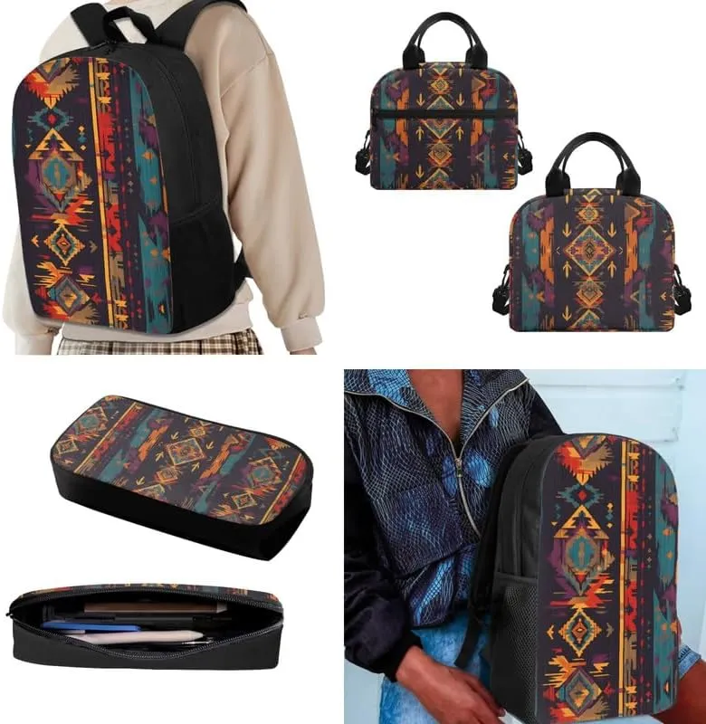 Brown Tribal Aztec School Bag Backpack for Students Southwest Zigzag Arrow with Insulated Lunch Bag Pen Case School Bookbag Natives Ethnic Geometric for Teen Boys Girls