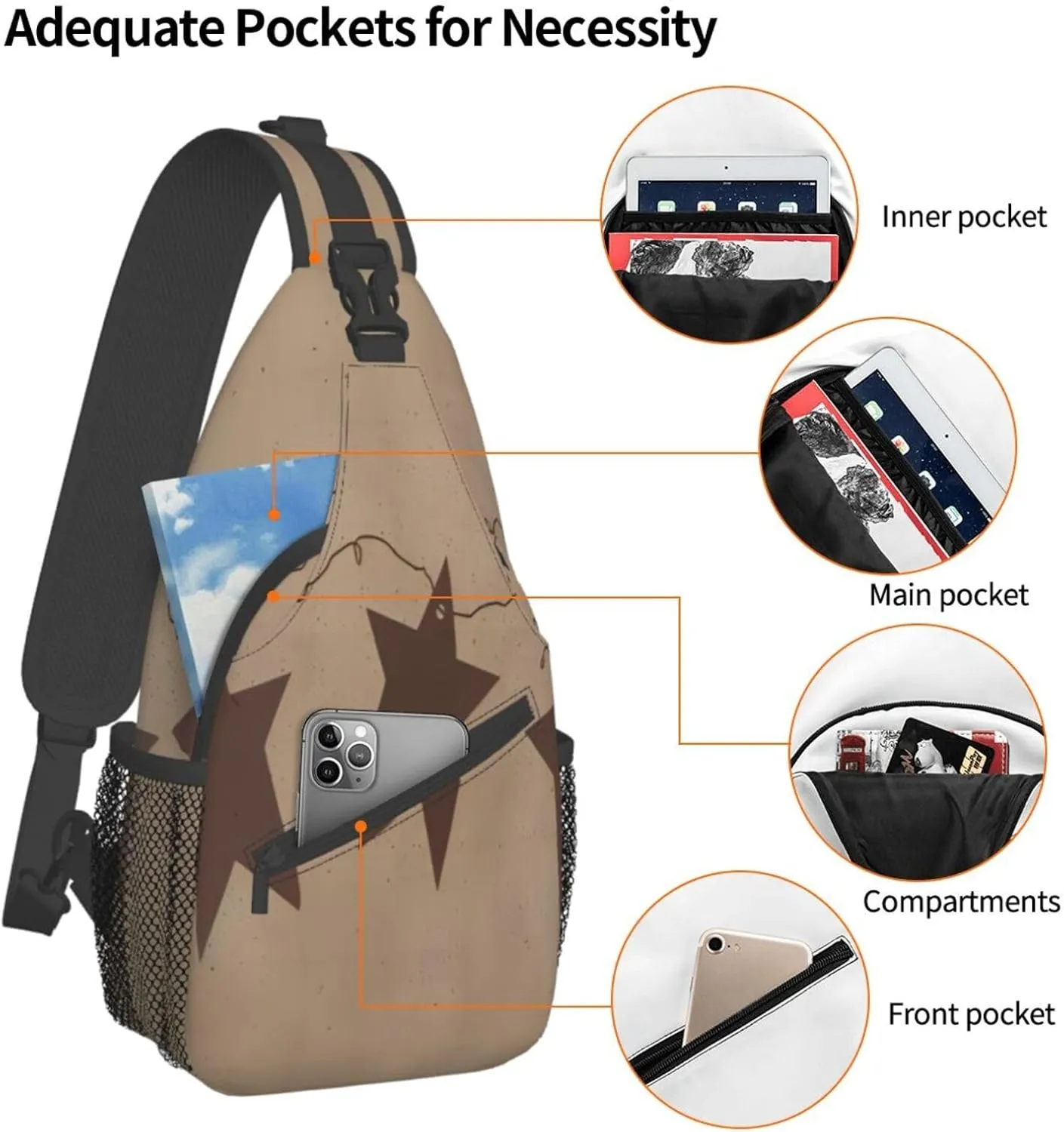 Brown Vintage Rusty Stars Primitive Country Crossbody Chest Bag, Unisex Crossbody Bag, Travel, Sports, Hiking And Leisure Backpack, Black