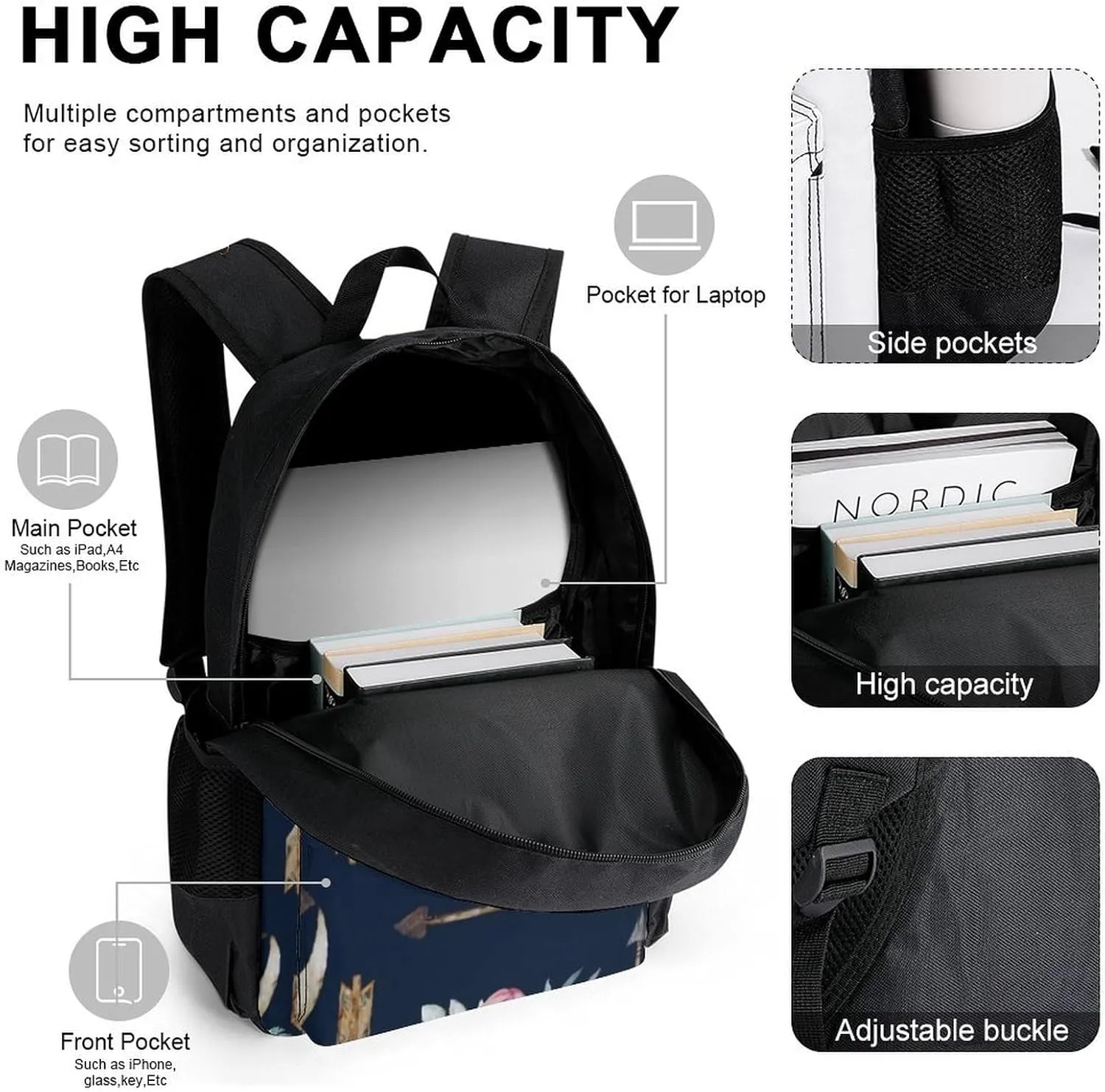 Bull Skull-Boho Arrow-Bohemian Wild Animal Skeleton Lightweight Pocket Backpack Crossbody Lunch Bag Set Unisex