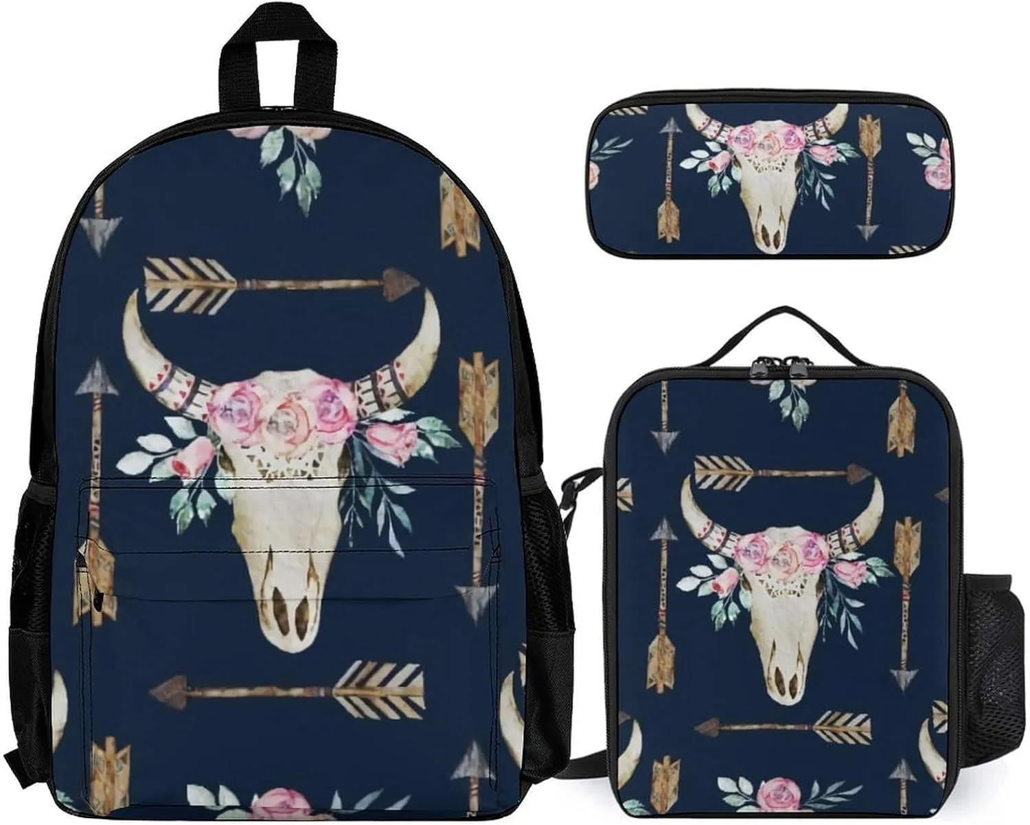 Bull Skull-Boho Arrow-Bohemian Wild Animal Skeleton Lightweight Pocket Backpack Crossbody Lunch Bag Set Unisex
