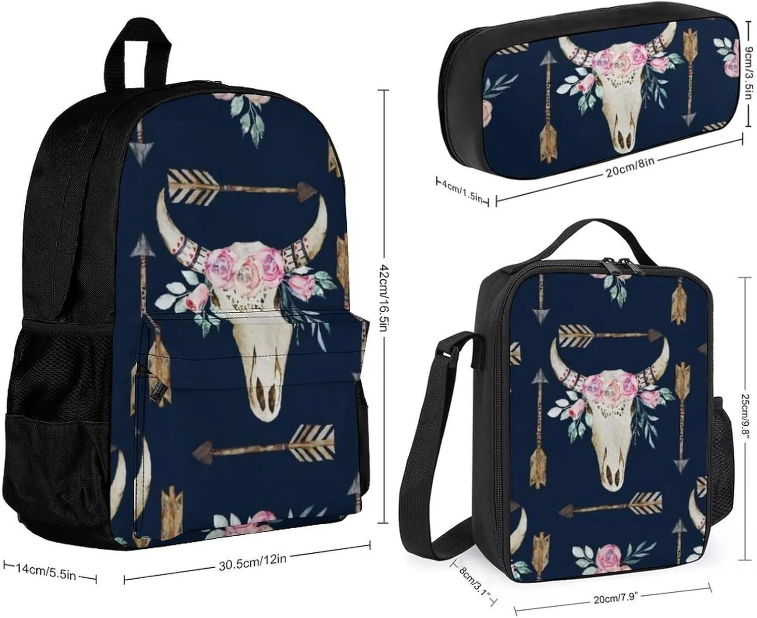 Bull Skull-Boho Arrow-Bohemian Wild Animal Skeleton Lightweight Pocket Backpack Crossbody Lunch Bag Set Unisex