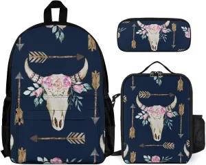 Bull Skull-Boho Arrow-Bohemian Wild Animal Skeleton Lightweight Pocket Backpack Crossbody Lunch Bag Set Unisex