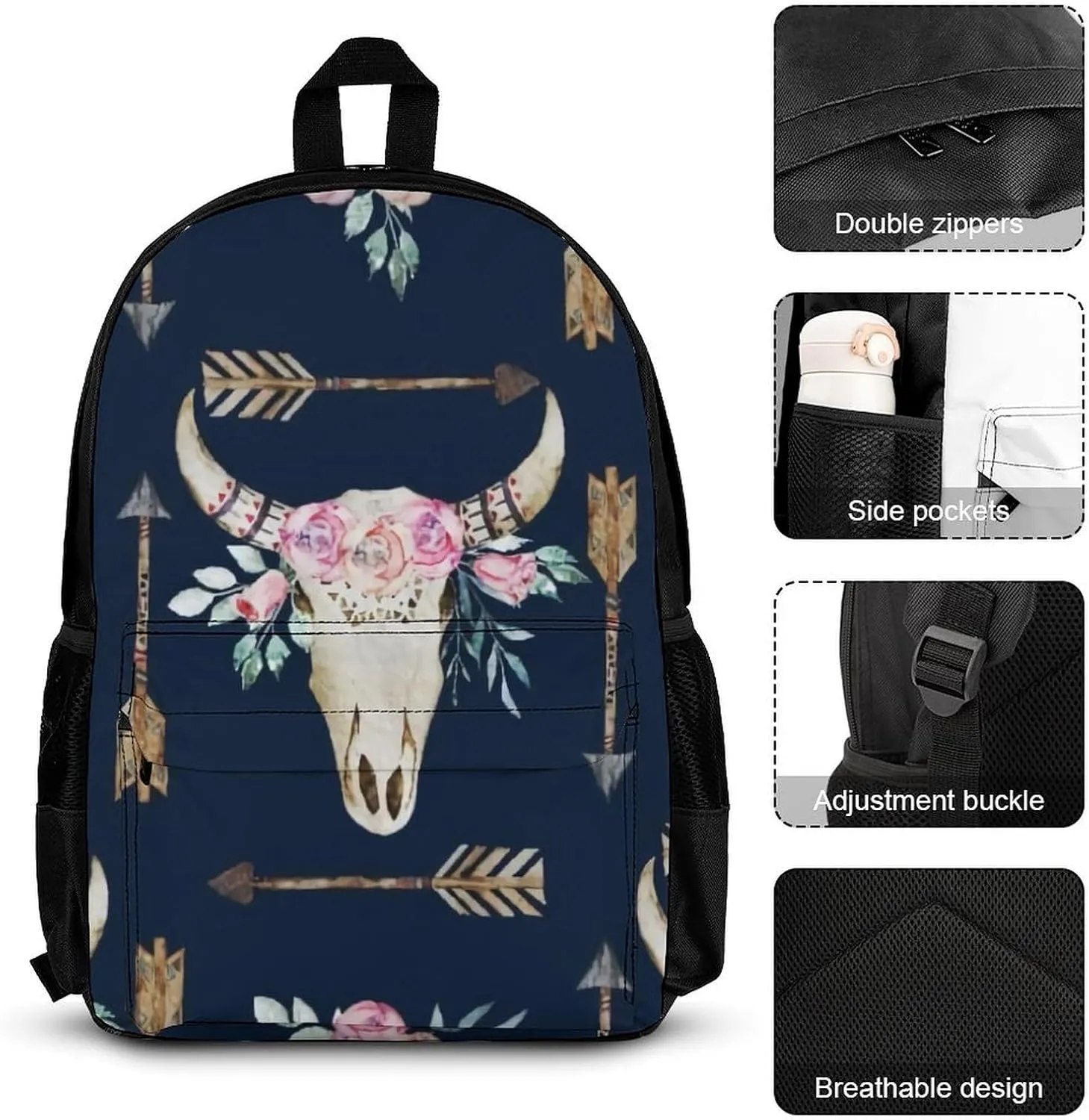 Bull Skull-Boho Arrow-Bohemian Wild Animal Skeleton Lightweight Pocket Backpack Crossbody Lunch Bag Set Unisex