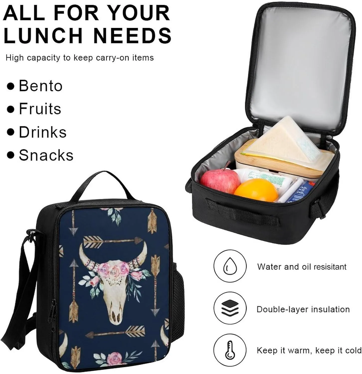 Bull Skull-Boho Arrow-Bohemian Wild Animal Skeleton Lightweight Pocket Backpack Crossbody Lunch Bag Set Unisex