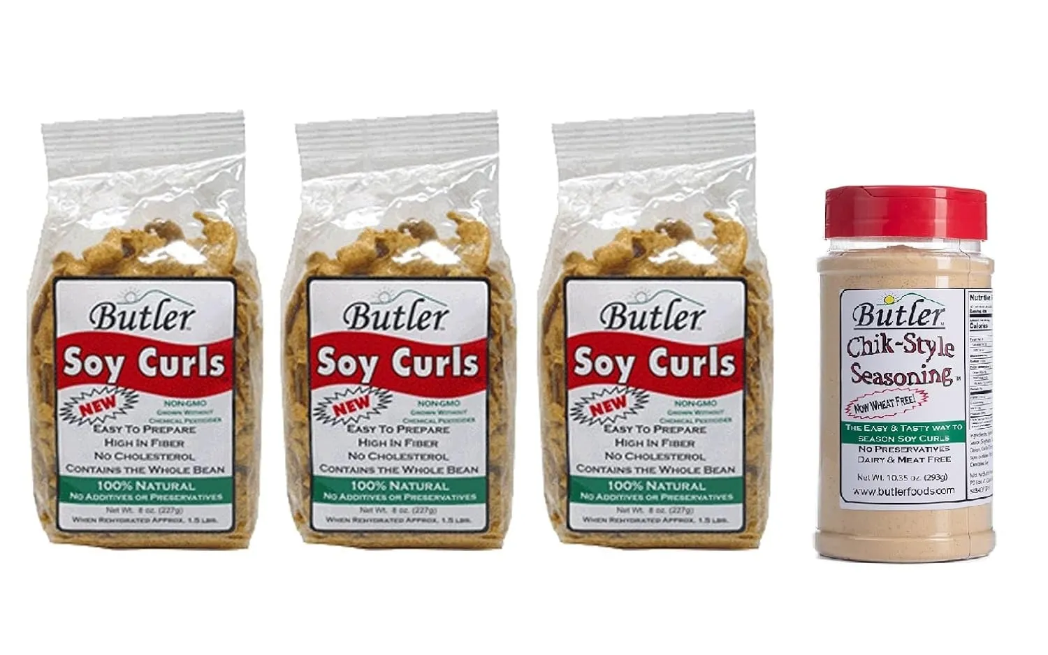 Butler Soy Curls 3 Pack - 3 x 8 oz bags   10.35 oz Chik-Style Seasoning