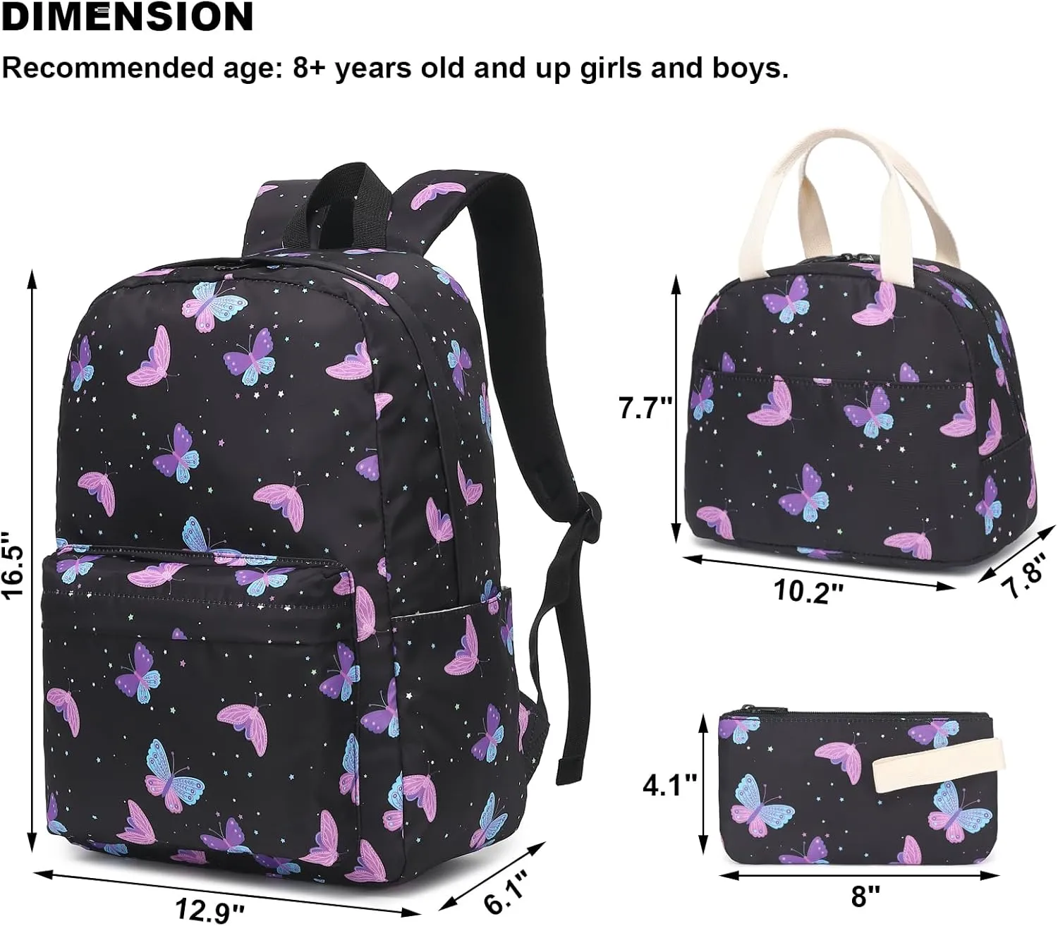 Butterfly School Backpack for Teen Girls, 3-in-1 Kids Backpack Bookbag Set School Bags with Lunch Box Pencil Case