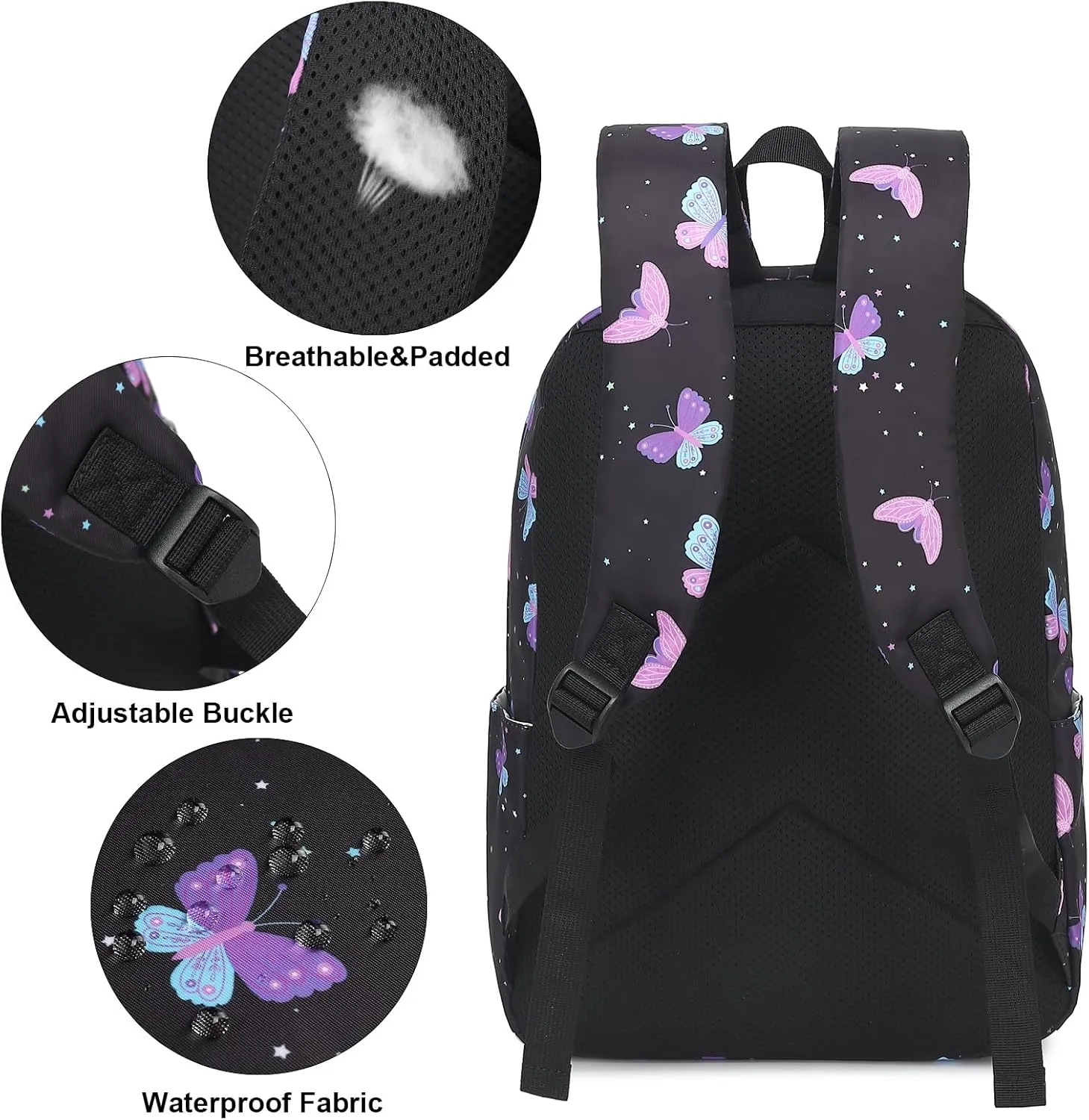 Butterfly School Backpack for Teen Girls, 3-in-1 Kids Backpack Bookbag Set School Bags with Lunch Box Pencil Case