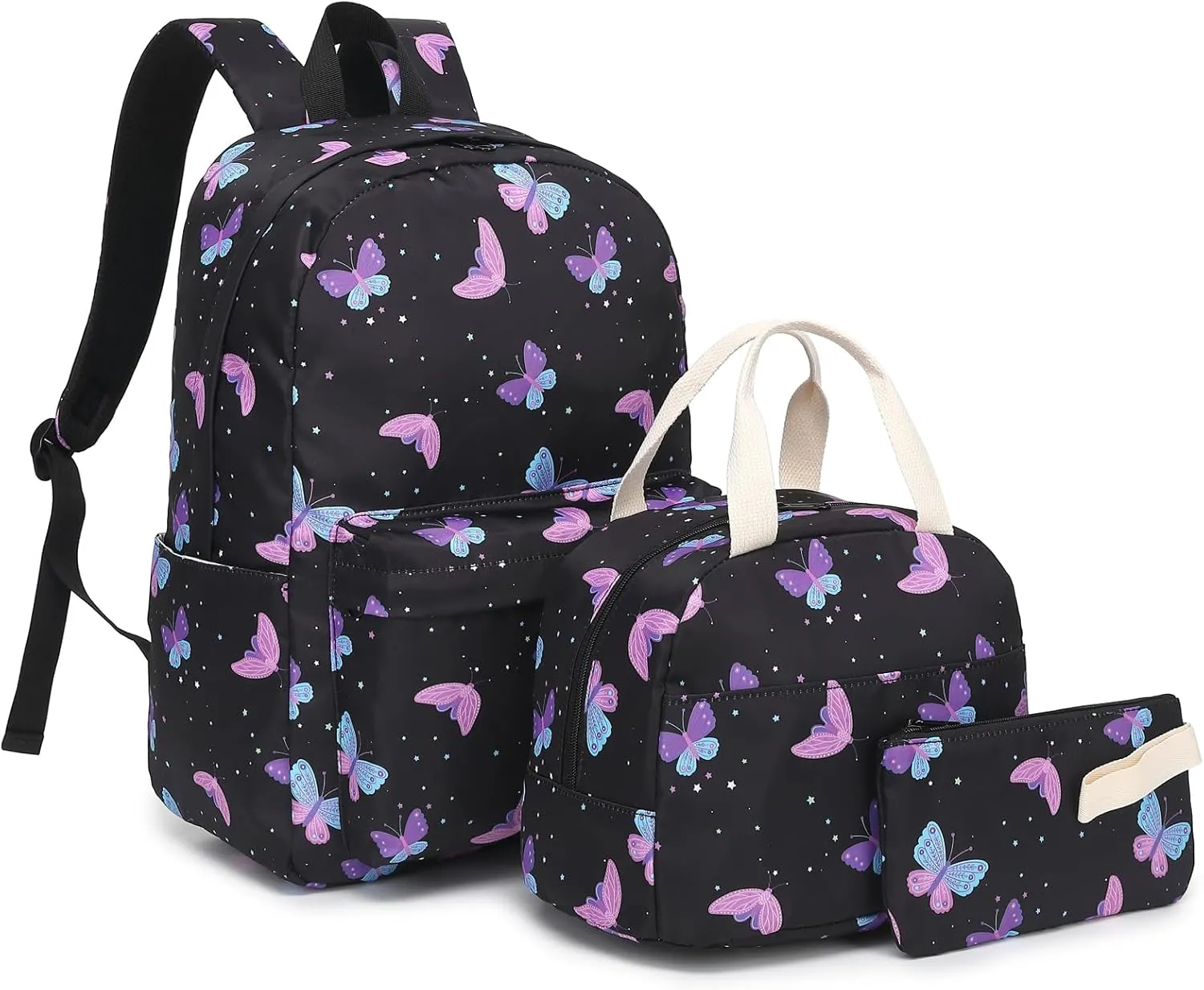 Butterfly School Backpack for Teen Girls, 3-in-1 Kids Backpack Bookbag Set School Bags with Lunch Box Pencil Case