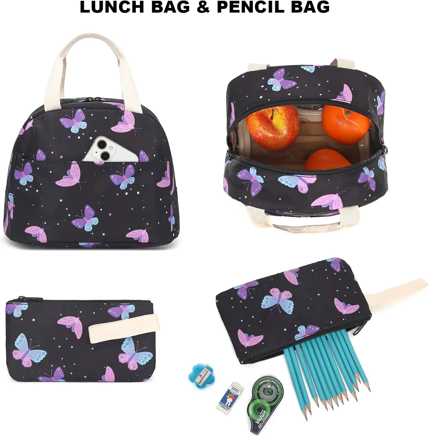 Butterfly School Backpack for Teen Girls, 3-in-1 Kids Backpack Bookbag Set School Bags with Lunch Box Pencil Case
