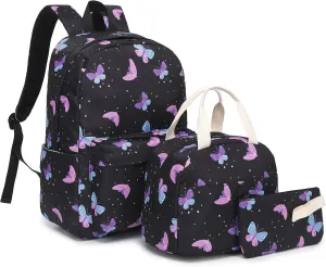 Butterfly School Backpack for Teen Girls, 3-in-1 Kids Backpack Bookbag Set School Bags with Lunch Box Pencil Case