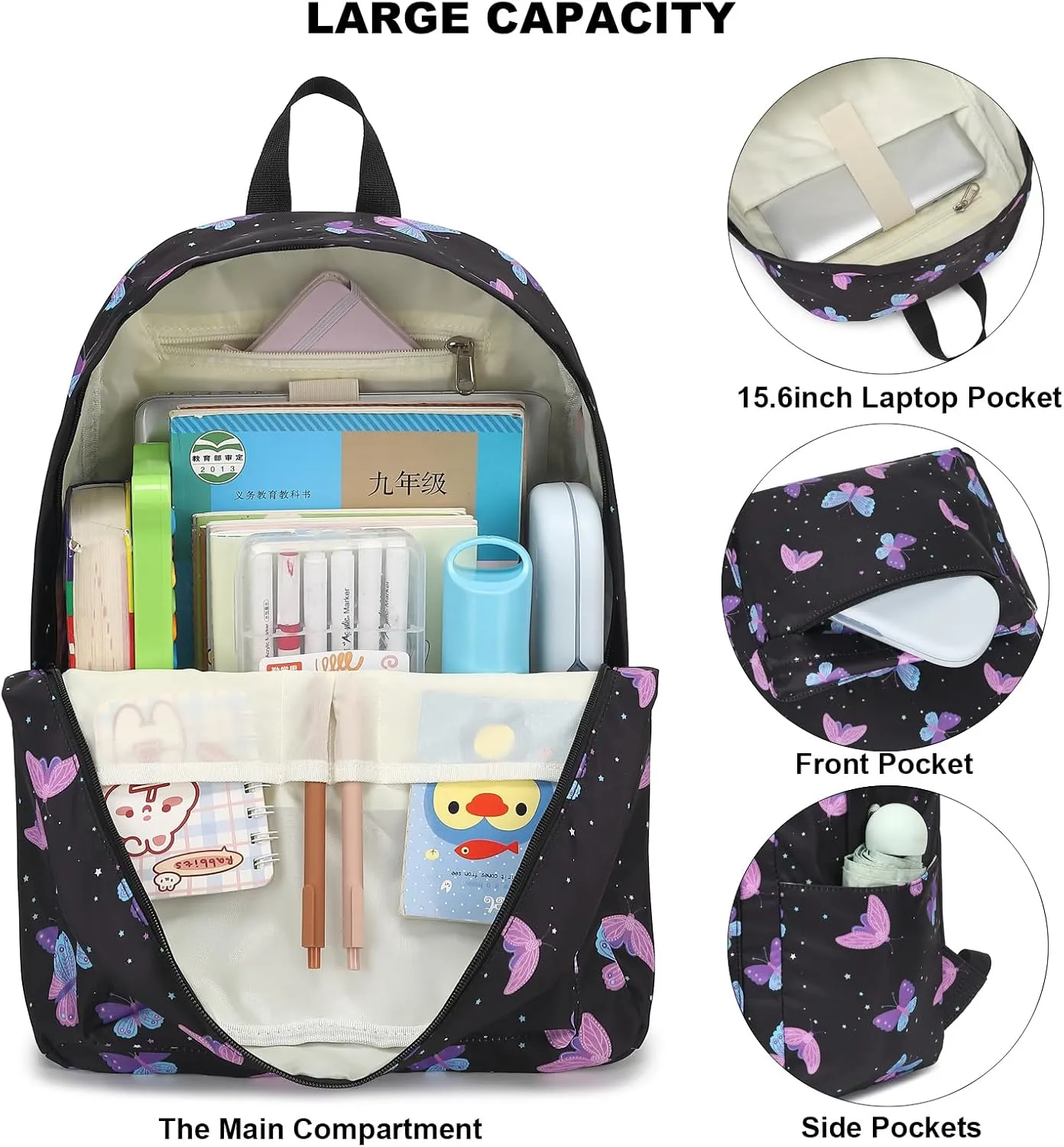 Butterfly School Backpack for Teen Girls, 3-in-1 Kids Backpack Bookbag Set School Bags with Lunch Box Pencil Case