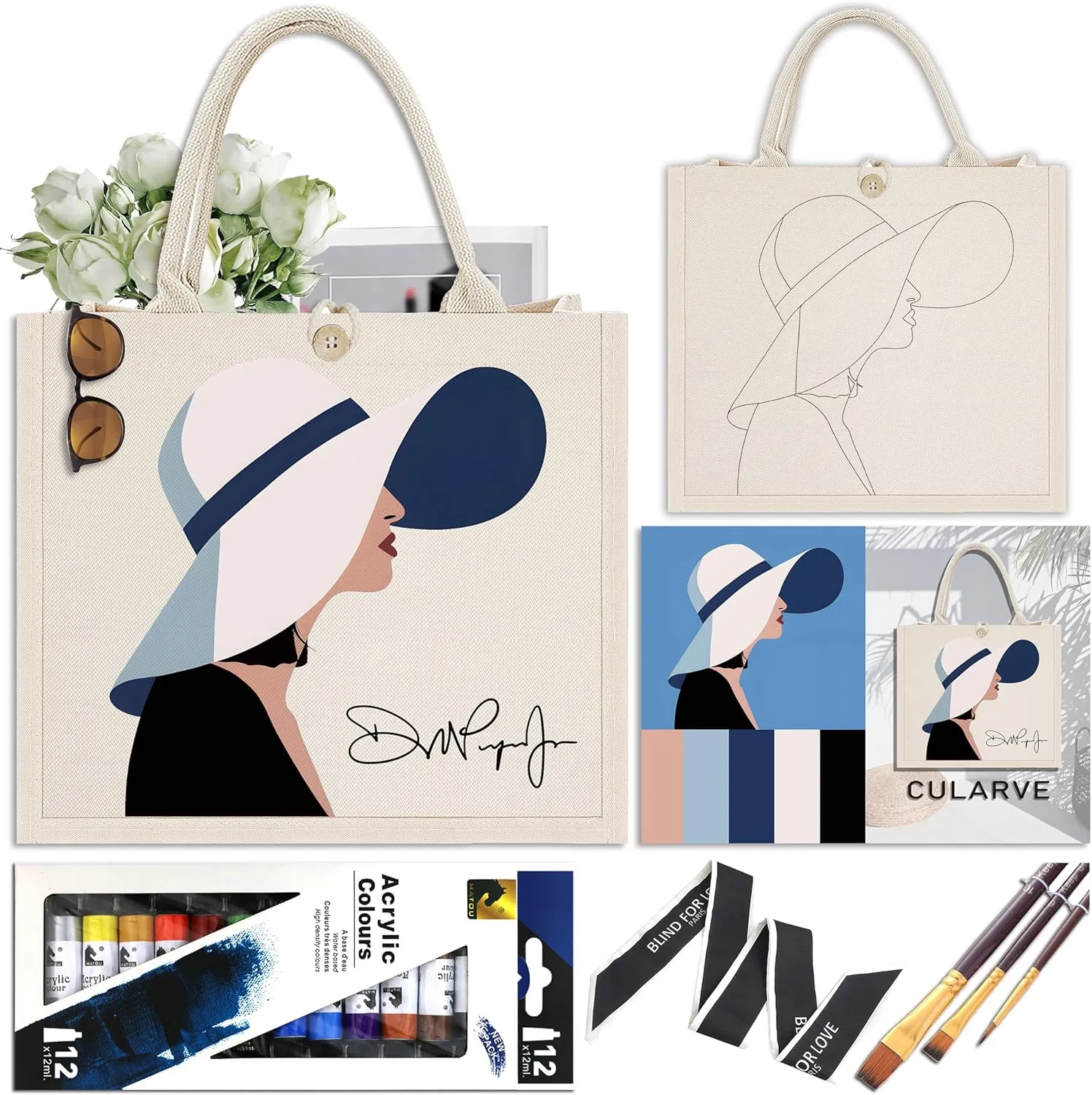 Canvas Tote Bag, Crafts for Adults，Adult Paint Party Painting kit, pre Drawn DIY Canvas Tote Bag for Beginners.