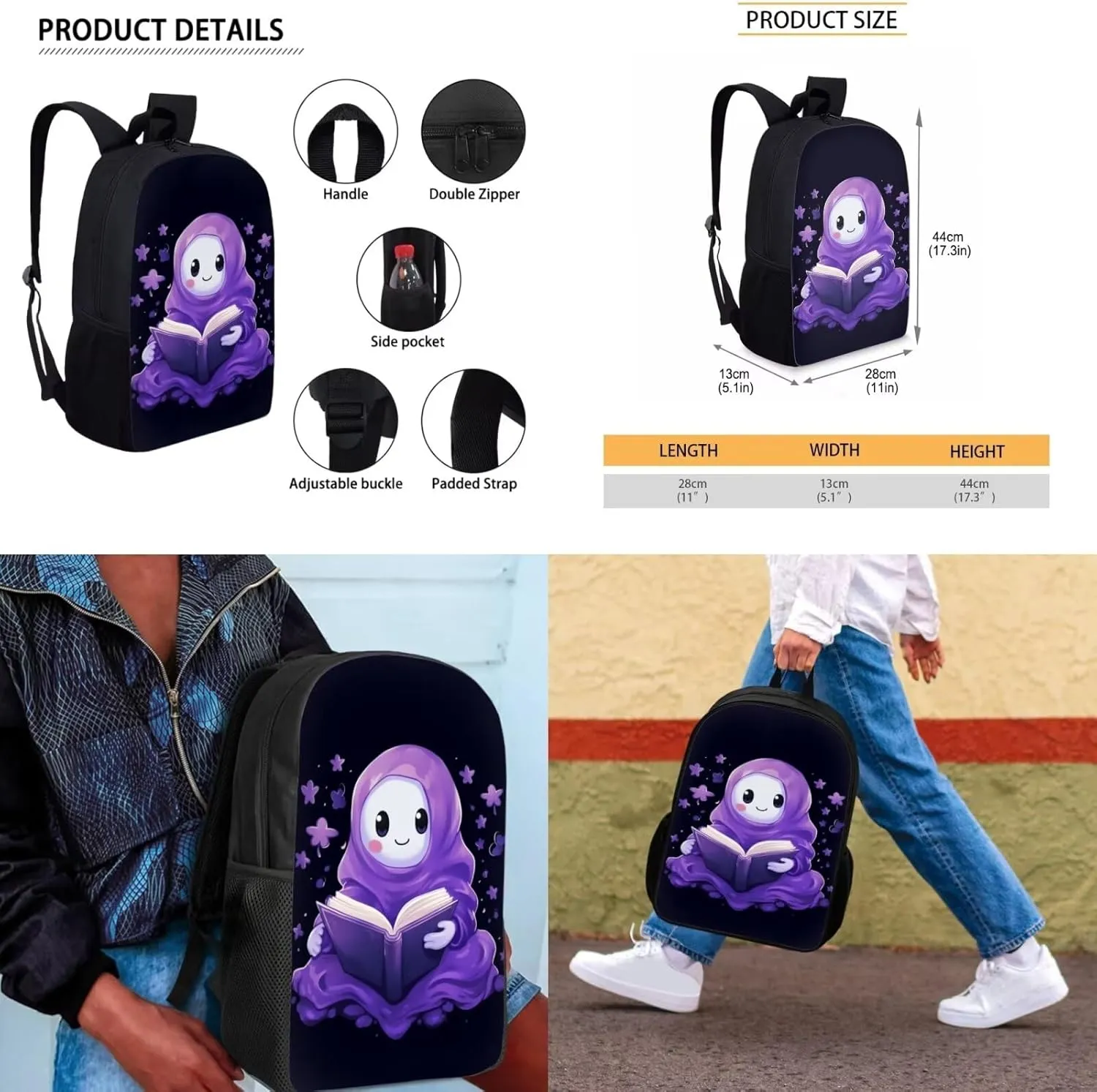Cartoon Ghost School Book Bags for Girls Purple Flower Backpack for Kids School Cute Lunch Box for Teen Girls Pencil Bags for School Key Chain Holder 4Pcs School Bag Set