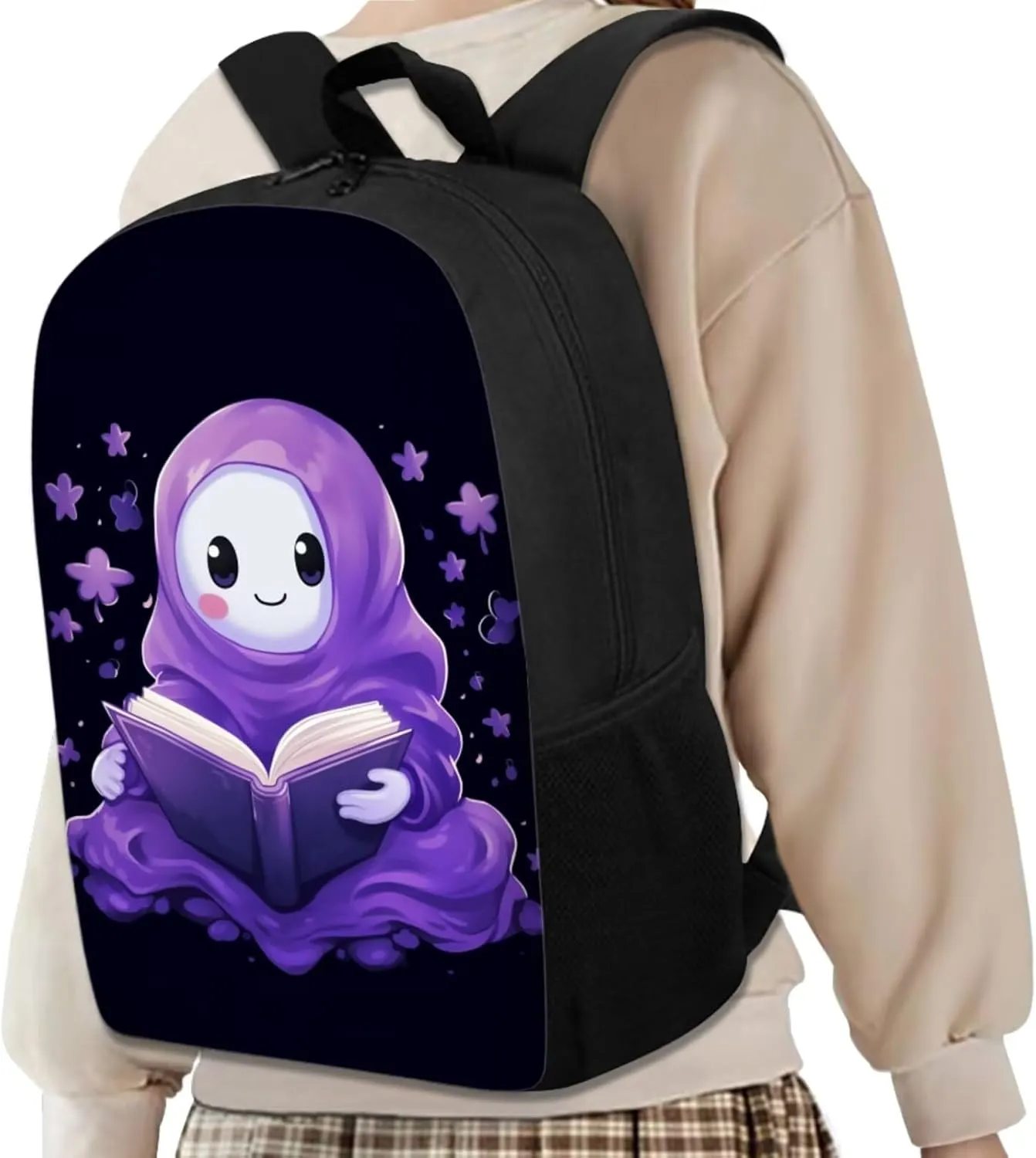 Cartoon Ghost School Book Bags for Girls Purple Flower Backpack for Kids School Cute Lunch Box for Teen Girls Pencil Bags for School Key Chain Holder 4Pcs School Bag Set