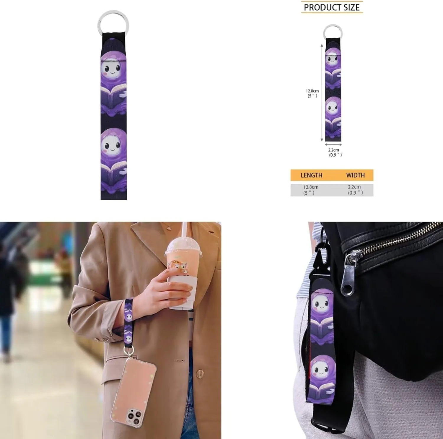 Cartoon Ghost School Book Bags for Girls Purple Flower Backpack for Kids School Cute Lunch Box for Teen Girls Pencil Bags for School Key Chain Holder 4Pcs School Bag Set