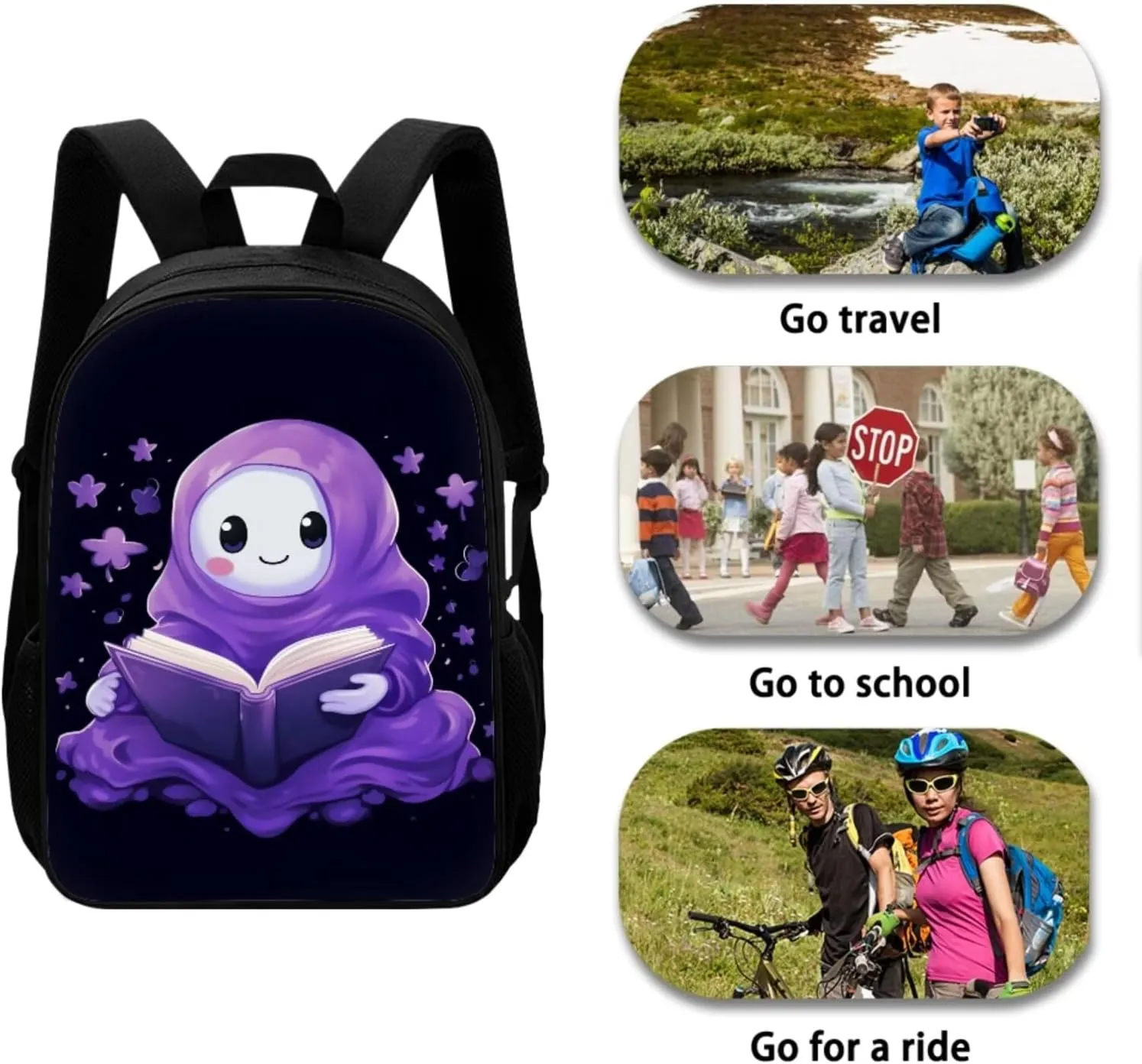 Cartoon Ghost School Book Bags for Girls Purple Flower Backpack for Kids School Cute Lunch Box for Teen Girls Pencil Bags for School Key Chain Holder 4Pcs School Bag Set