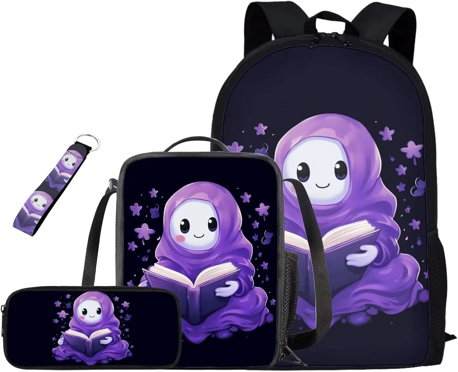 Cartoon Ghost School Book Bags for Girls Purple Flower Backpack for Kids School Cute Lunch Box for Teen Girls Pencil Bags for School Key Chain Holder 4Pcs School Bag Set