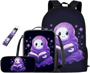 Cartoon Ghost School Book Bags for Girls Purple Flower Backpack for Kids School Cute Lunch Box for Teen Girls Pencil Bags for School Key Chain Holder 4Pcs School Bag Set