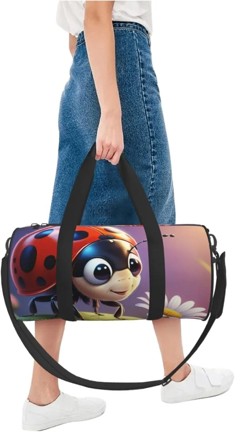 Cartoon Ladybug Flower Printed Travel Bag,Round Personal Item Storage bag,Foldie Duffel Bag for Traveling Vacation,Fitness,Sports