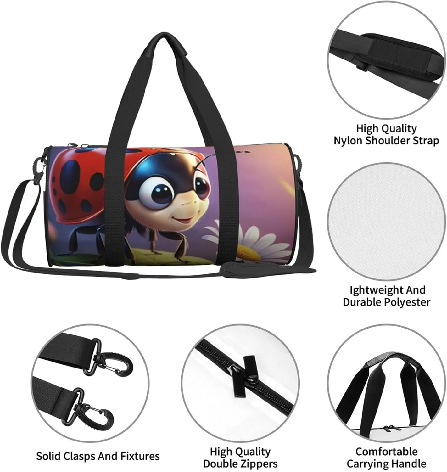 Cartoon Ladybug Flower Printed Travel Bag,Round Personal Item Storage bag,Foldie Duffel Bag for Traveling Vacation,Fitness,Sports