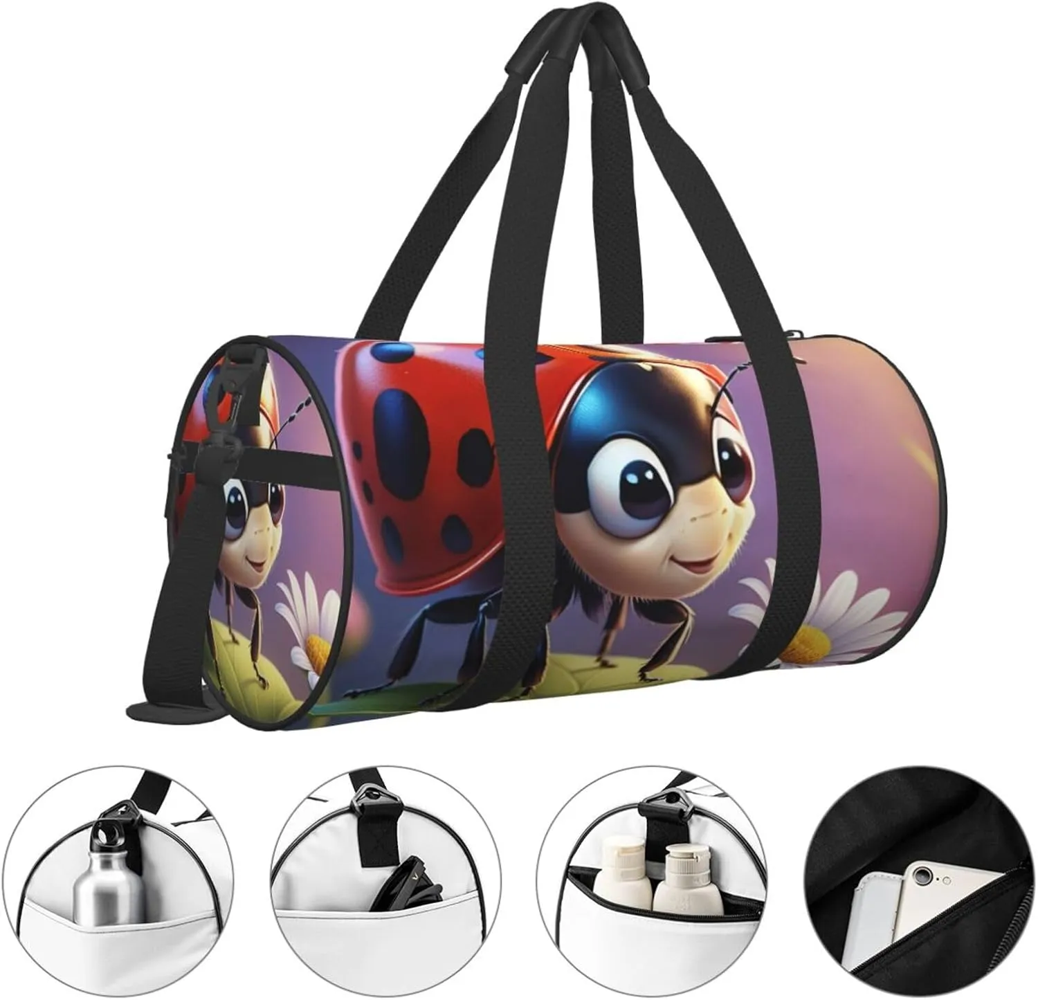 Cartoon Ladybug Flower Printed Travel Bag,Round Personal Item Storage bag,Foldie Duffel Bag for Traveling Vacation,Fitness,Sports