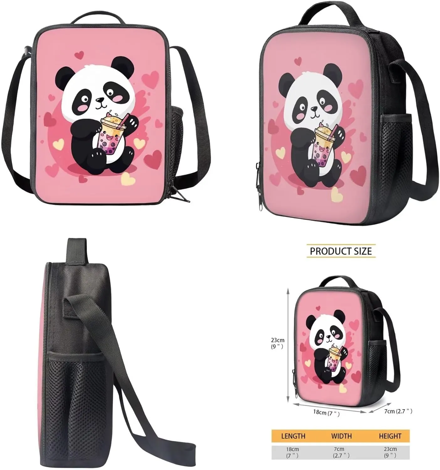 Cartoon Panda School Backpack for Girls 6 Year Old 3-Piece Schoolbags Set with Lunch Box Pencil Case Preschool Cute Book Bag Large Capacity Travel Duffel Bags Daycare Bag