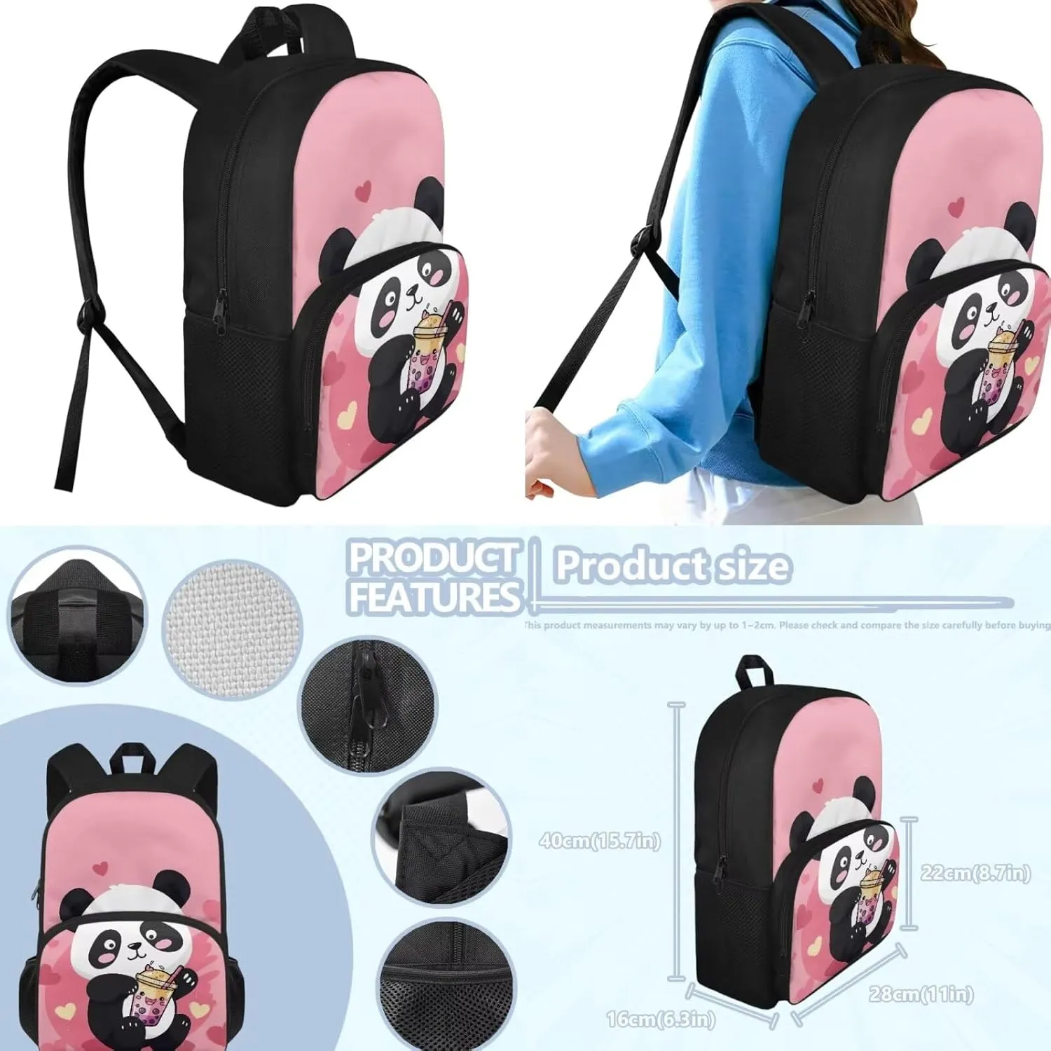 Cartoon Panda School Backpack for Girls 6 Year Old 3-Piece Schoolbags Set with Lunch Box Pencil Case Preschool Cute Book Bag Large Capacity Travel Duffel Bags Daycare Bag