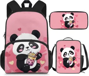 Cartoon Panda School Backpack for Girls 6 Year Old 3-Piece Schoolbags Set with Lunch Box Pencil Case Preschool Cute Book Bag Large Capacity Travel Duffel Bags Daycare Bag