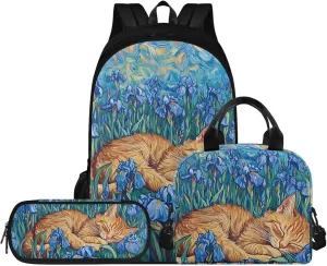Cat Kawaii Backpack 17 Inch Girls Bookbag Set with Lunchbox 6th Grade School Bag Spacious 3 Piece Rucksack for Girls Ages 11-12 Outdoor Classroom