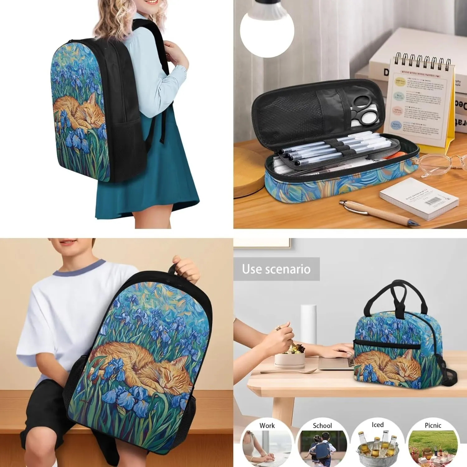 Cat Kawaii Backpack 17 Inch Girls Bookbag Set with Lunchbox 6th Grade School Bag Spacious 3 Piece Rucksack for Girls Ages 11-12 Outdoor Classroom