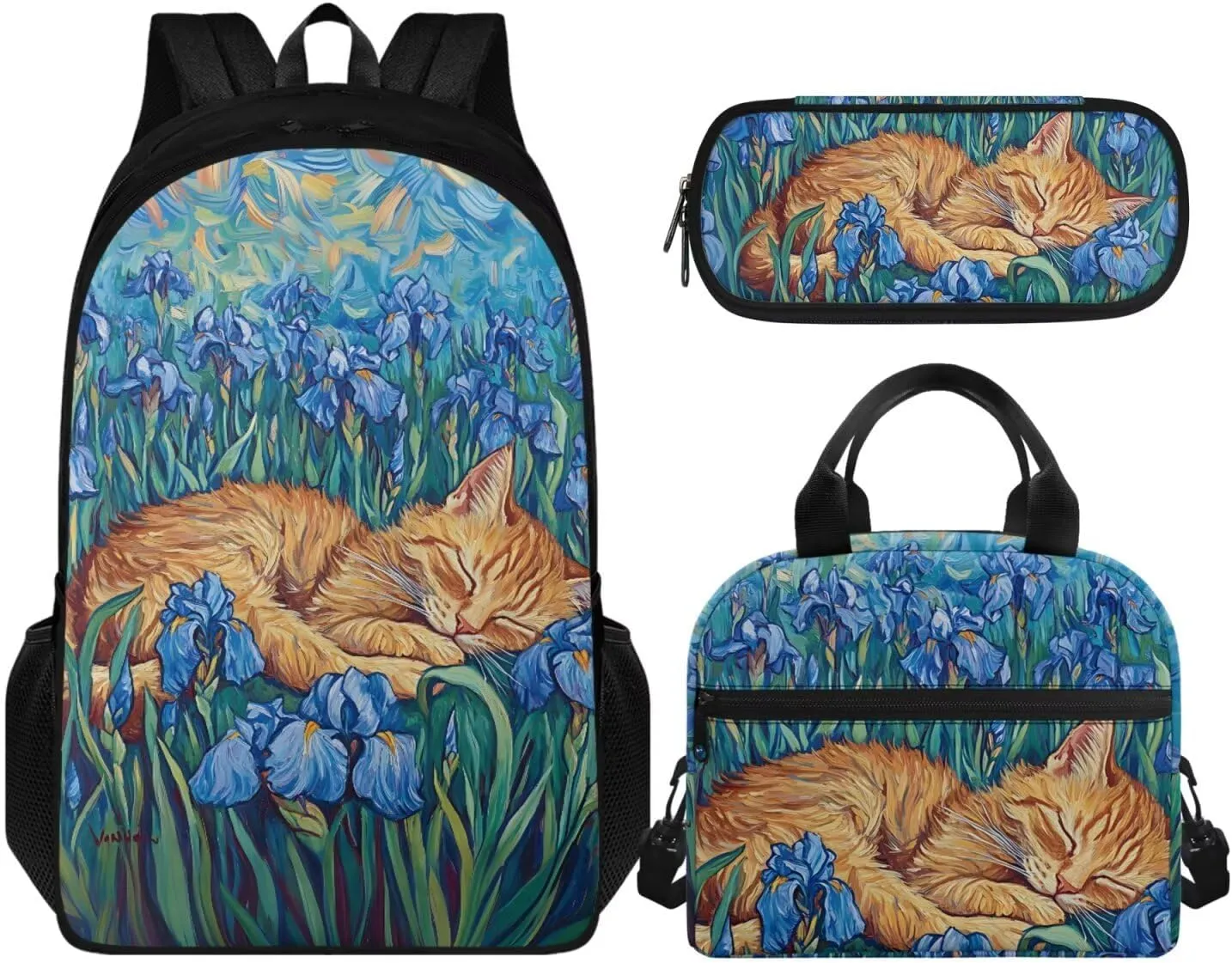Cat Kawaii Backpack 17 Inch Girls Bookbag Set with Lunchbox 6th Grade School Bag Spacious 3 Piece Rucksack for Girls Ages 11-12 Outdoor Classroom